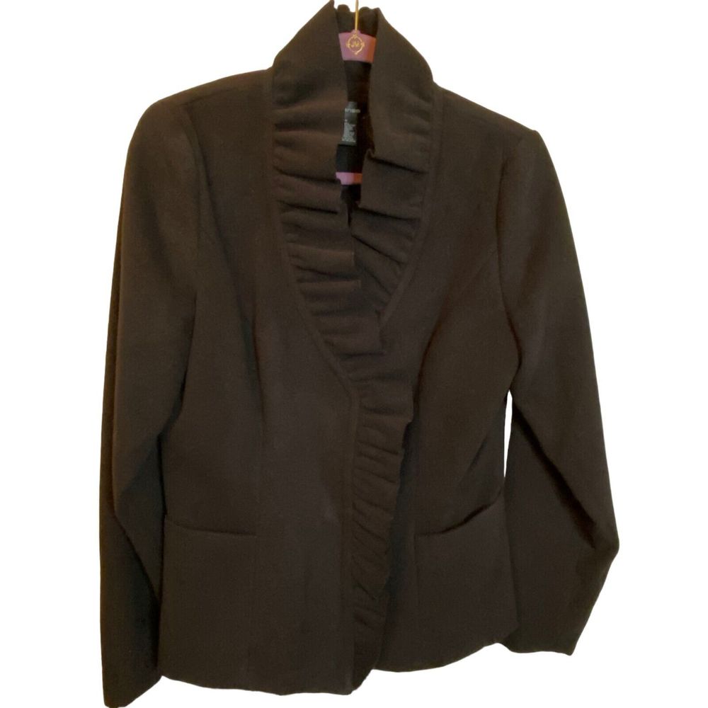 Spense Black Ruffled Collar Single breasted Jacket Sz M